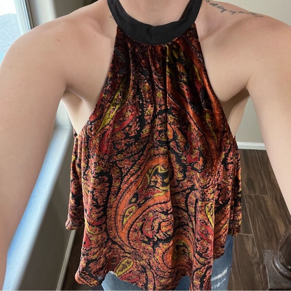FP Velvet Burnout Paisley Red Orange Yellow black neck tie sleeveless XS - Picture 5 of 13